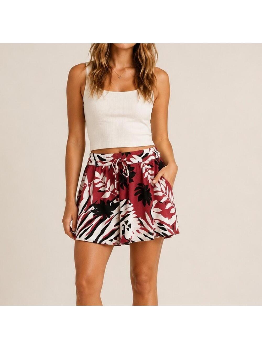 Roxy Rayon Tropical Floral Mini Skirt XL Red White Black Beach Boho Drawstring